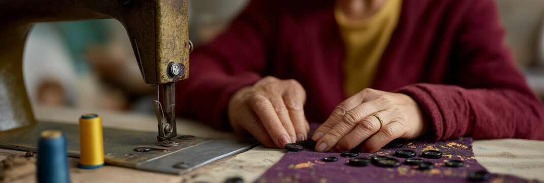 A skilled hand carefully sewing buttons onto fabric using a vintage sewing machine, highlighting craftsmanship and the timeless art of sewing that connects generations.