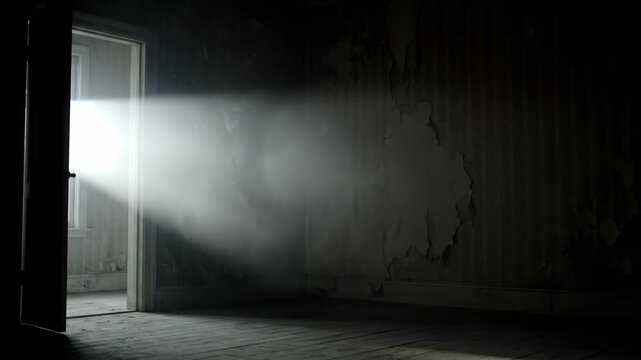 Light Streaming Through Doorway of Dilapidated Room - A shaft of bright light illuminates an abandoned, dilapidated room, streaming in through an open doorway.