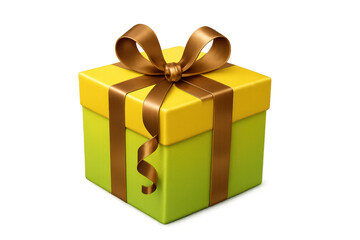 Fototapeta premium Gift box with yellow and green color scheme, featuring a brown satin ribbon and bow, ready for special occasions. Transparent background