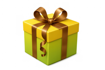 Gift box with yellow and green color scheme, featuring a brown satin ribbon and bow, ready for special occasions. Transparent background