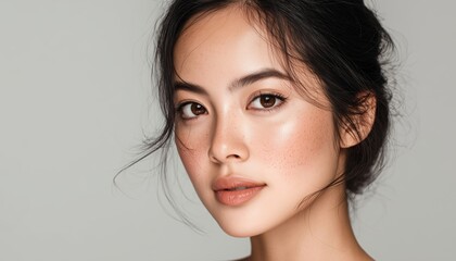 Fototapeta premium Stunning Portraits Of Young Asian Woman Showcasing K Beauty Natural Makeup And Clean Fresh Skin For Commercial Advertising On Grey Background.