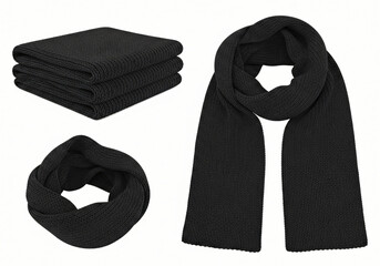 Blank black knitted scarf folded and unfolded mockup set, isolated, 3d rendering. Empty christmas apparel mock up. Clear soft handmade neckerchief template 