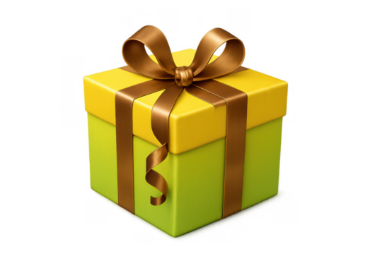 Gift box with yellow and green color scheme, featuring a brown satin ribbon and bow, ready for special occasions. Transparent background