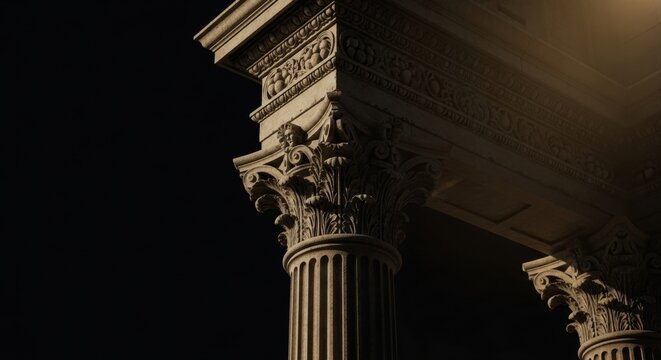 Ornate Corinthian capital on a fluted column. Classical architecture for institutional concepts. Symbol of law, finance, and government. Foundation of justice and stability - Powered by Adobe