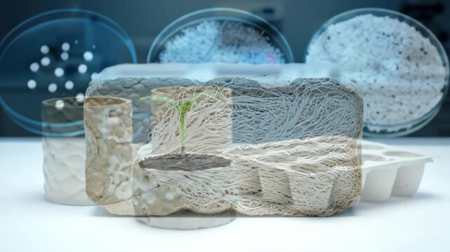 Mycelium Block Close-Up - A close-up shot showcases the intricate network of mycelium within a square block.