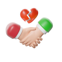 Handshake agreement beneath a broken heart symbol. 3D illustration.