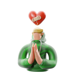 Person praying with heart symbol of forgiveness. 3D illustration