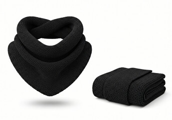 Blank black knitted scarf folded and unfolded mockup set, isolated, 3d rendering. Empty christmas apparel mock up. Clear soft handmade neckerchief template 