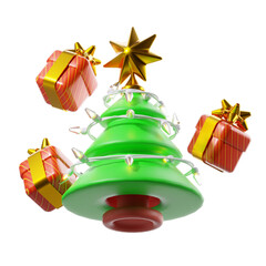 Christmas tree centerpiece with floating presents. 3D illustration.