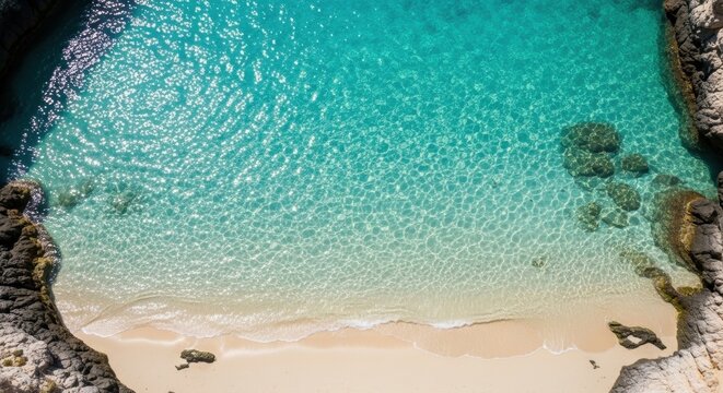 Aerial top down view of a secluded beach cove. Crystal clear turquoise water with sun glare. Pristine sandy shoreline and rocky coast. Summer vacation travel destination concept