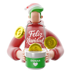 Fundraiser holding a bucket filled with coins. 3D illustration.