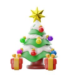 Pastel Christmas tree with surrounding gift boxes. 3D illustration.