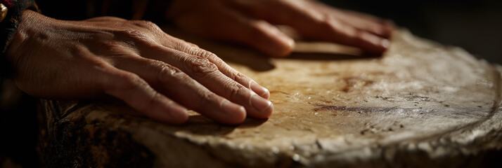 A close-up shot of hands rhythmically striking the surface of a wooden drum, capturing the energetic spirit of music and the essence of cultural expression in performance.