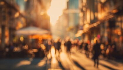 Obraz premium Capturing The Energy Of Urban Life: A Vibrant City Street Scene In Warm Golden Light, People Enjoying The Evening Ambience