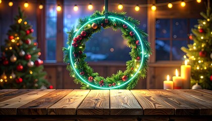 Festive Christmas Scene with Wreath and Decorated Trees.