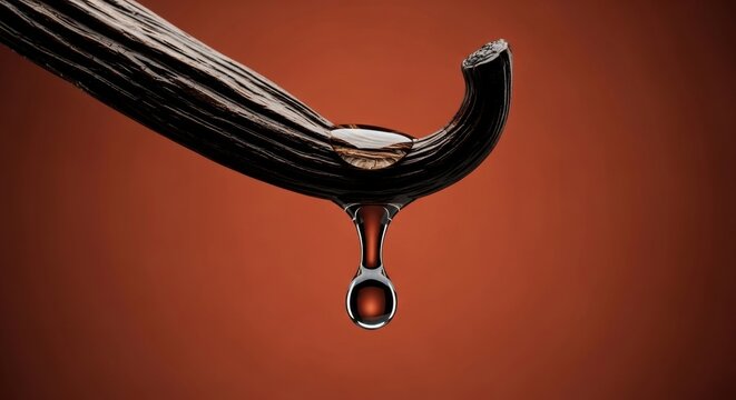Macro detail of a vanilla bean with dripping extract. Pure essence of natural flavoring for gourmet cooking. Elegant studio shot for luxury food branding. Aromatic ingredient for culinary products - Powered by Adobe