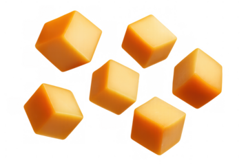 Cheddar cheese cubes falling, preparing snack or appetizer, dairy food ingredient, transparent background