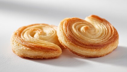 Fototapeta premium Elegant Golden Palmier Puff Pastry Cookies Set Against A Crisp White Background, Creating A Stunning Visual Contrast. Rich And Delicious Treats.