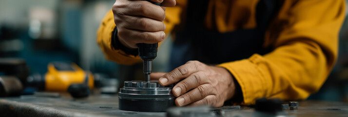A skilled artisan carefully assembling metal parts using a power tool, showcasing craftsmanship and attention to detail in a workshop setting.