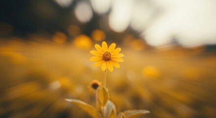 A single yellow daisy in a field. Selective focus with dynamic zoom blur. Conceptual design for growth and individuality. Warm cinematic color grading for a hopeful mood