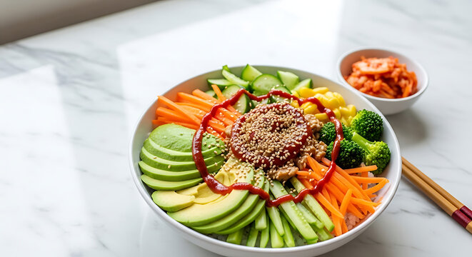 A vibrant and colorful bibimbap bowl with assorted fresh vegetables and protein, elegantly presented.
