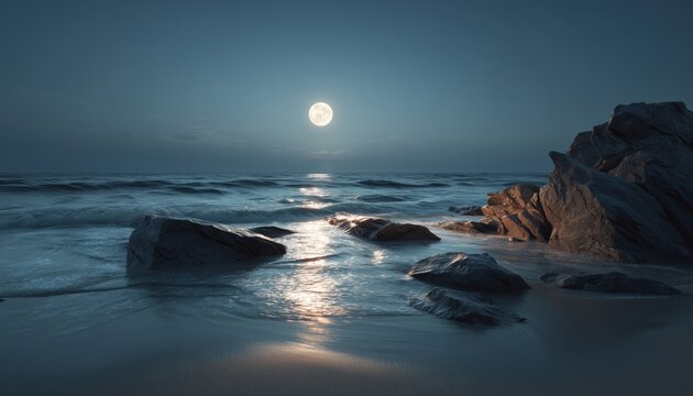 Tranquil Evening Over Ocean With Full Moon: A Beautiful Night At The Beach Adorned With Rocks, Offering A Serene Atmosphere By The Ocean.