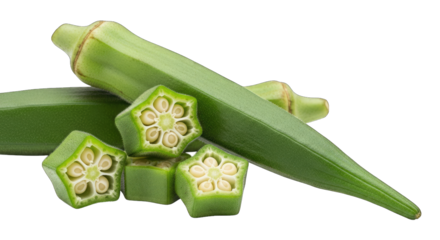 Fresh okra pods and slices on a black background