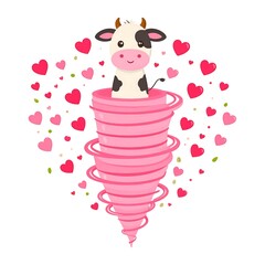 Cartoon cow emerging from a pink tornado amidst scattered hearts
