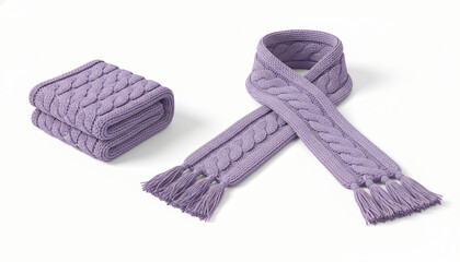 Blank Lavender knitted scarf folded and unfolded mockup set, isolated, 3d rendering. Empty christmas apparel mock up. Clear soft handmade neckerchief template.