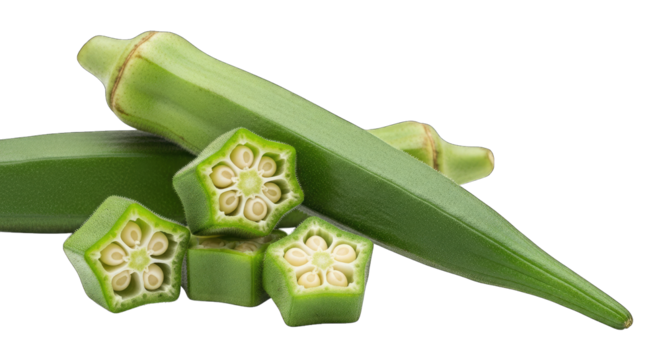 Fresh okra pods and slices on a black background
