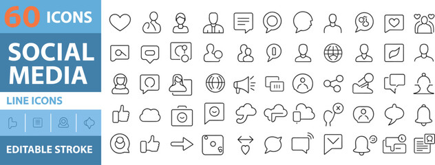 social, media, icons, line, editable, stroke, interface, communication, chat, user, heart, thumbs-up, bell, camera, globe, share, notification, minimalist, outline, set
