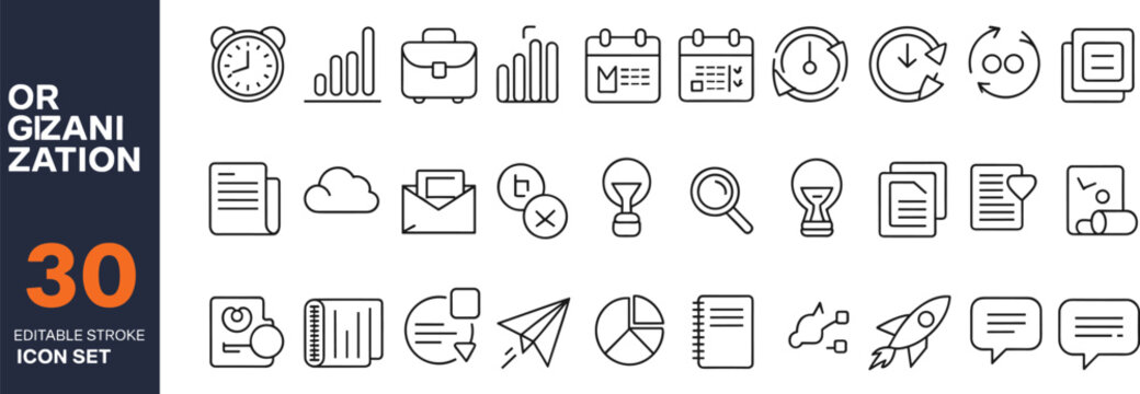 organization, icons, productivity, planning, business, time, calendar, chart, document, speech, bulb, gear, clock, notebook, envelope, cloud, rocket, checklist, communication, minimal, outline