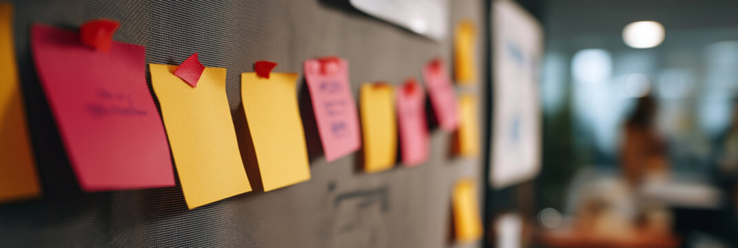 A vibrant array of sticky notes displayed on a board sets the stage for collaborative brainstorming, showcasing creativity and teamwork in a modern workspace environment.