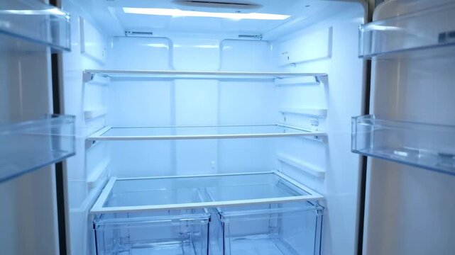Empty Refrigerator Interior - This close-up shot showcases the interior of a clean and empty refrigerator. The shelves and drawers are visible, illuminated by the cool, blue-toned internal light.