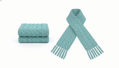 Blank mint blue knitted scarf folded and unfolded mockup set, isolated, 3d rendering. Empty christmas apparel mock up. Clear soft handmade neckerchief template.