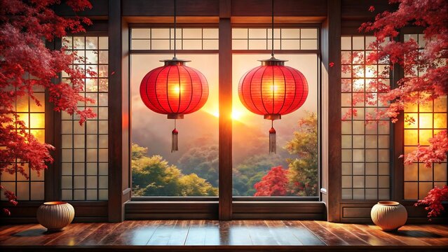 Traditional chinese lanterns and fireworks illuminate a festive scene