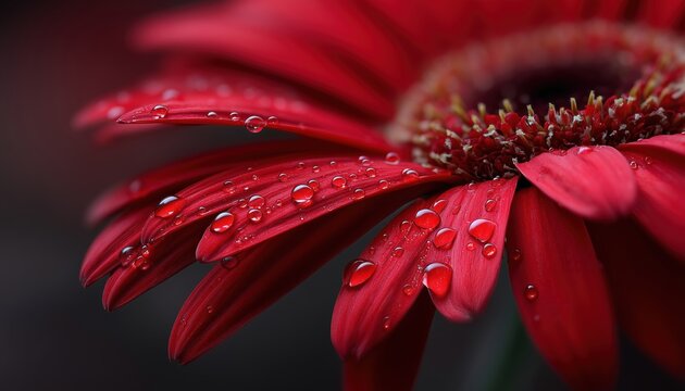 Close-Up Of A Red Gerbera Daisy With Water Droplets On The Petals. The Image Has An Extreme Shallow Depth Of Field. - Powered by Adobe