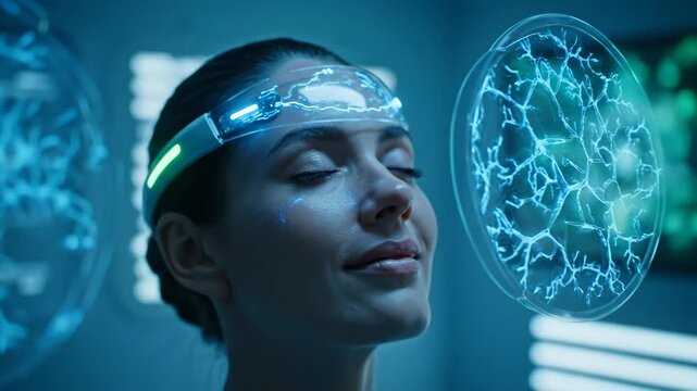 Woman in futuristic VR headset - A woman with closed eyes wears a futuristic headset that glows blue and green.