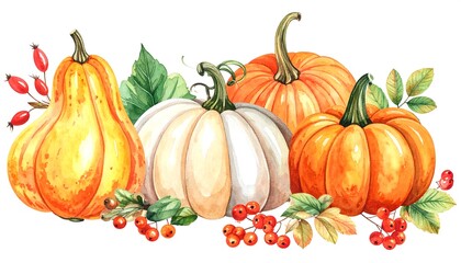 Watercolor Autumn Harvest - Pumpkins, Berries, and Foliage Still Life.