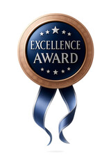 A detailed bronze and blue excellence award medal with a silky ribbon, symbolizing achievement, success, and recognition, isolated on a transparent background
