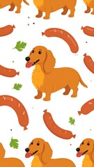 Cartoon dachshunds and sausages on a white background pattern