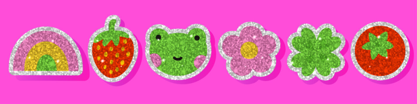 Glitter sticker collection with rainbow, strawberry, frog, flower, clover, and tomato shapes. Sparkly sequin texture shines with glossy highlights. Kawaii retro y2k inspired japanese sticker set.