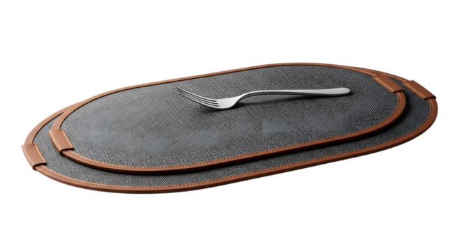 Oval gray placemat with brown trim and a silver fork isolated on transparent background