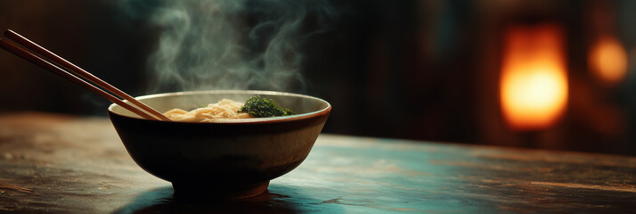 A beautifully presented bowl of steaming noodles garnished with greens and served with chopsticks, inviting exploration of flavors and cultural culinary traditions.
