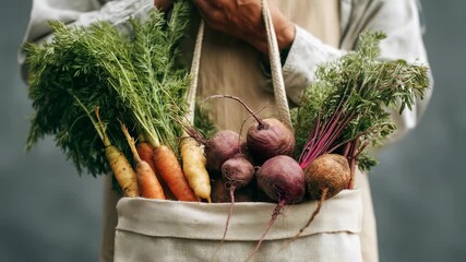 Closeup of hands holding a reusable bag brimming with organic carrots and beets, emphasizing farm to table produce. The image promotes eco friendly lifestyles and nutritious food choices - Powered by Adobe