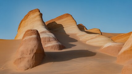 Dramatic sandstone formations sculpted by wind and time under a clear blue sky