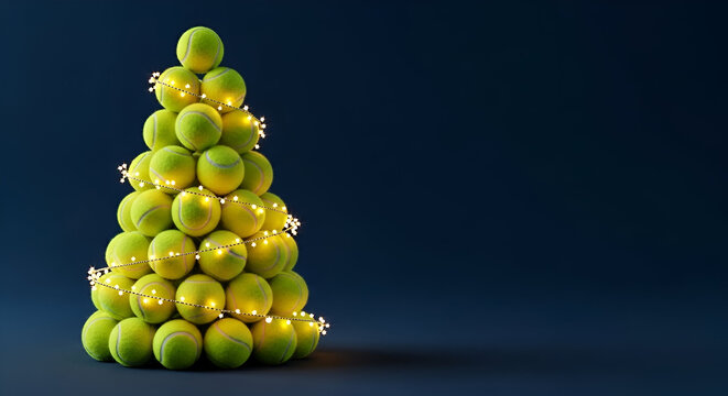 Tennis, padel ball Christmas tree on dark blue background with copy space