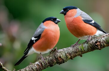 Fototapeta premium Two bullfinches with orange breasts on a mossy branch