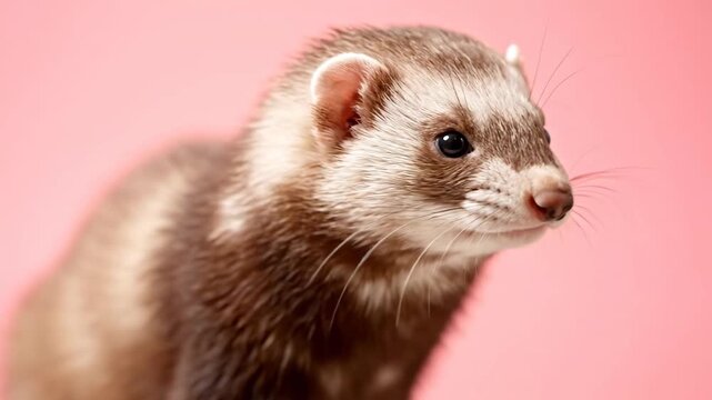 Ferret Portrait on Pink Background - A close-up portrait shows a cute ferret with brown and white fur against a bright pink background.