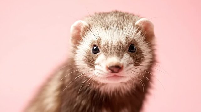 Cute Ferret Portrait on Pink - This close-up portrait shows a sable ferret with a pink nose, ears, and fur, set against a matching pink background.